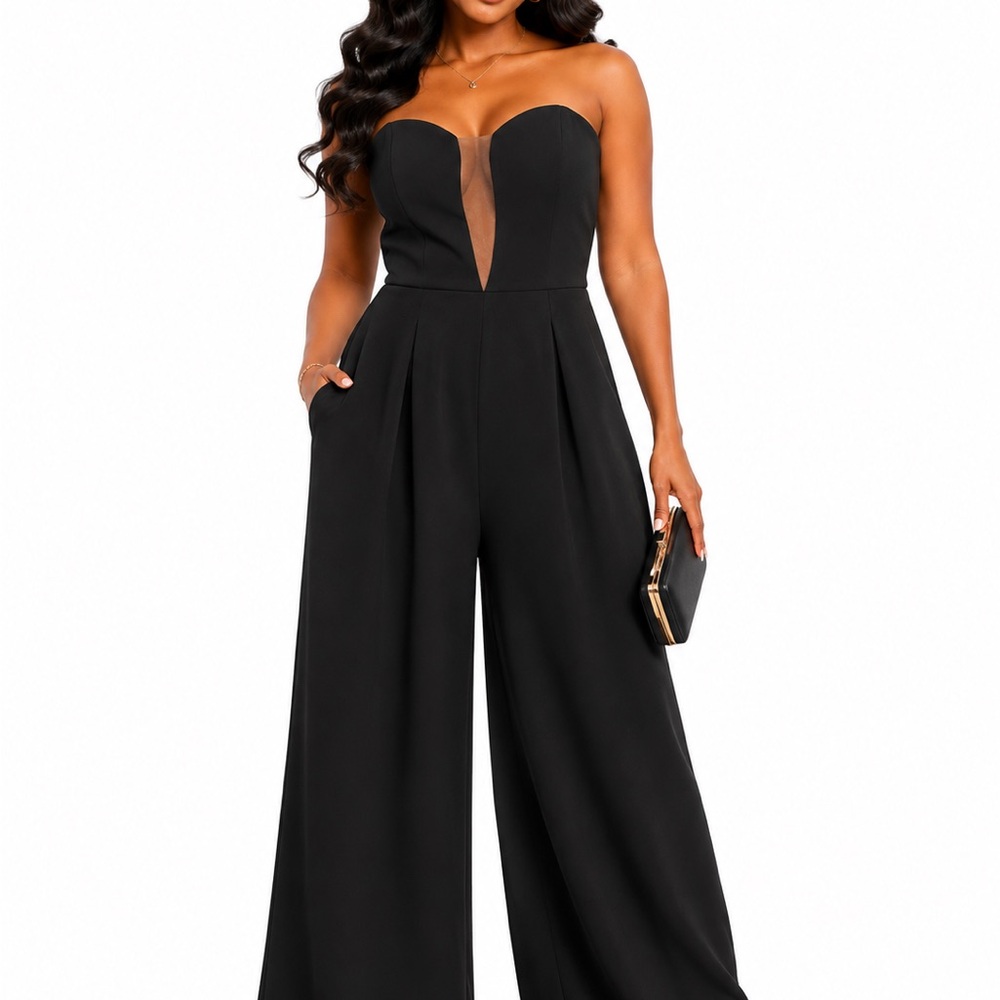 City Chic Strapless Black Wide-Leg Jumpsuit with Sheer Plunge